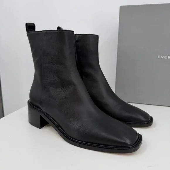 Everlane The City Boot in Black Leather sz 8 Women's Side Zip Block Heel Ankle - Picture 6 of 9